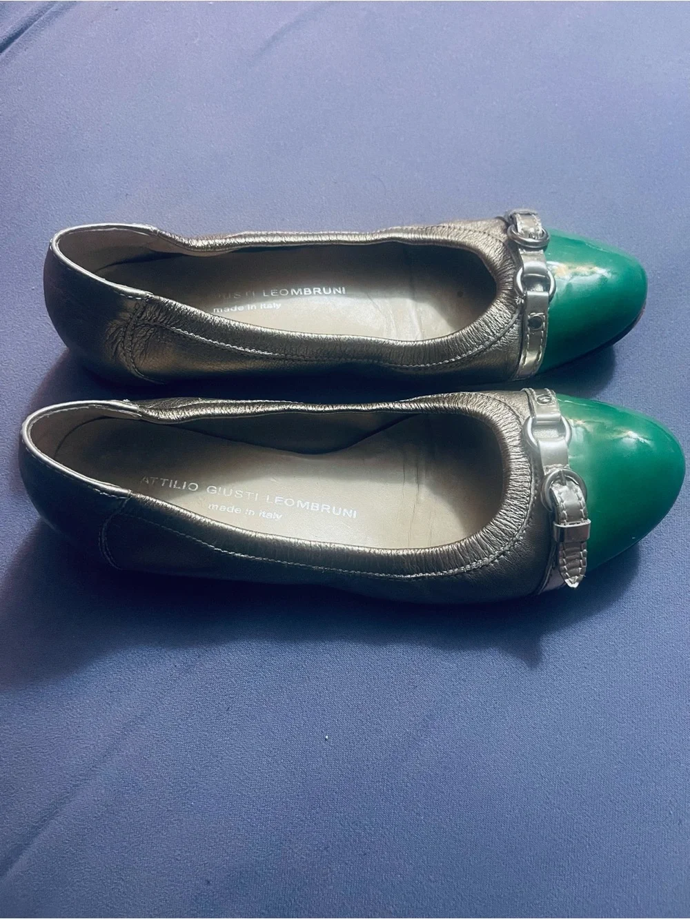 Attilio Giusti Leombruni Metallic Taupe Flats with Green Patent Toe